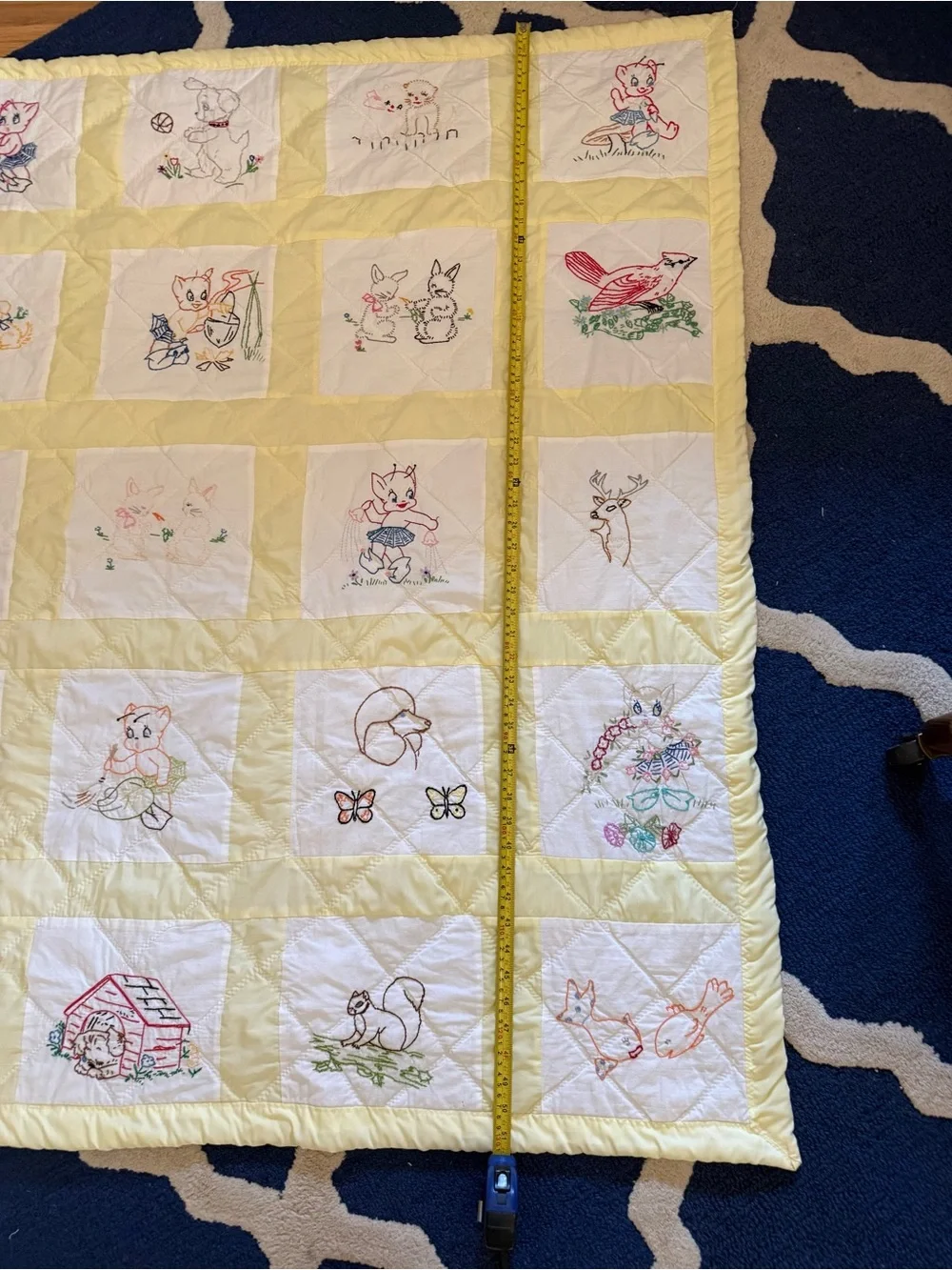 Hand-Embroidered Yellow & White Baby Quilt - Vintage Animal Blocks